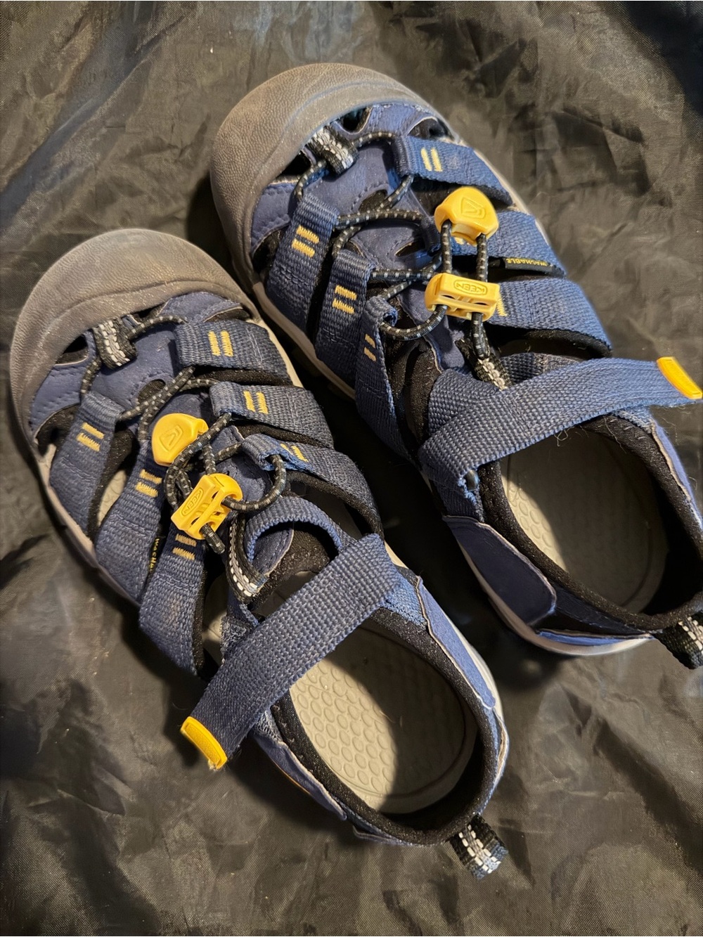 Kids Navy Blue Keen Outdoor Sandals with Yellow Accent